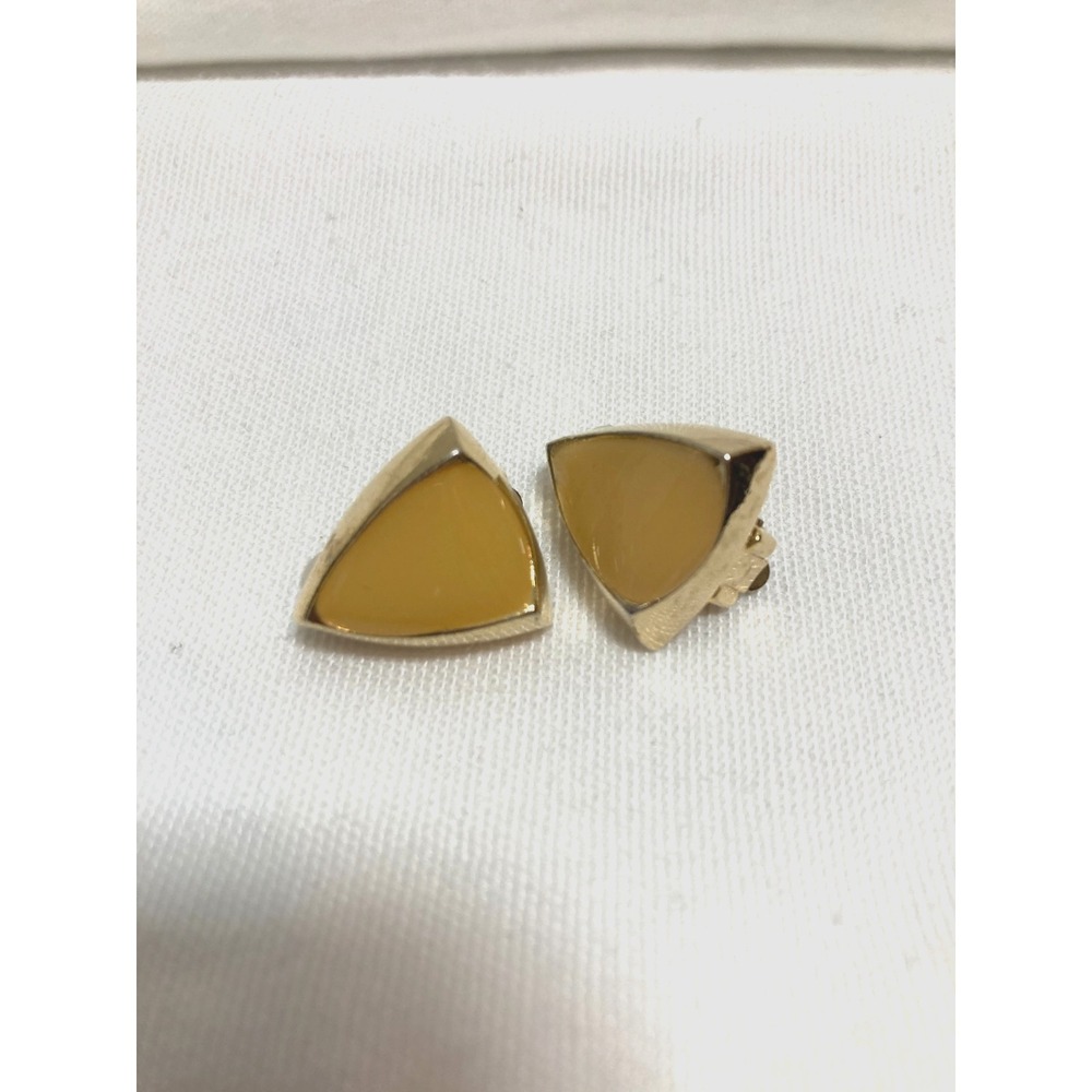 Vintage Clip On Earrings Artsy Triangle Gold Tone Peach Stone Statement Costume